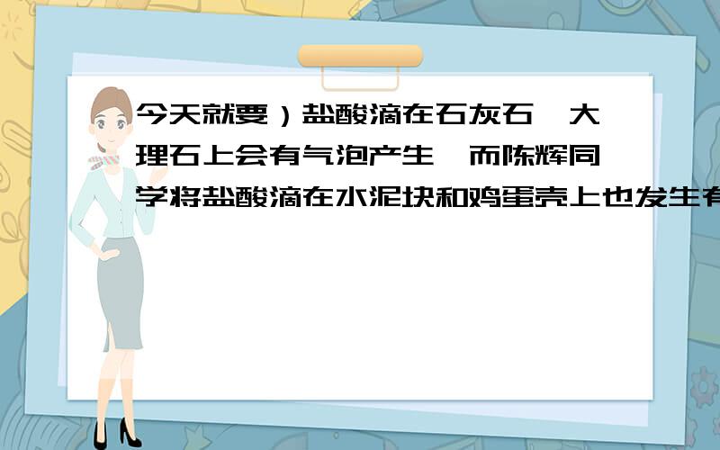 今天就要）盐酸滴在石灰石,大理石上会有气泡产生,而陈辉同学将盐酸滴在水泥块和鸡蛋壳上也发生有气泡产生.他猜想,盐酸与水泥块,鸡蛋接触产生的也是二氧化碳.他通过进一步的研究,证明