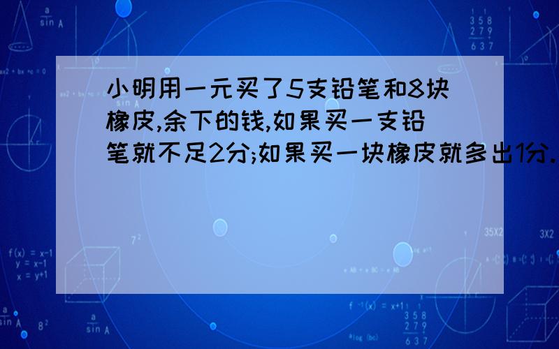 小明用一元买了5支铅笔和8块橡皮,余下的钱,如果买一支铅笔就不足2分;如果买一块橡皮就多出1分.每支铅笔多请不要用假设方式,我还没学到假设.谢谢是求每支铅笔多少分?每块橡皮多少分?