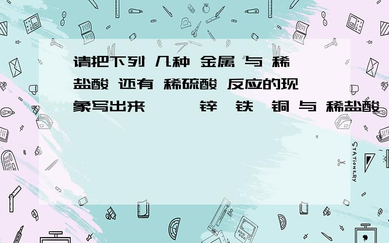 请把下列 几种 金属 与 稀盐酸 还有 稀硫酸 反应的现象写出来 镁 ,锌,铁,铜 与 稀盐酸 和稀硫酸 的现象反应.都要写出来,‘注意不要乱写,有些 没素质的人 喜欢乱写,没素质的人不要进来了,