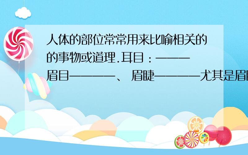 人体的部位常常用来比喻相关的的事物或道理.耳目：——— 眉目————、 眉睫————尤其是眉睫,必须回答!