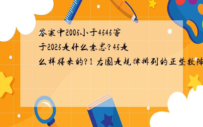 答案中2005小于4545等于2025是什么意思?45是么样得来的?1 右图是规律排列的正整数阵,2005应排第几行?从左到右第几个数?2345678910111213141516 …………………………