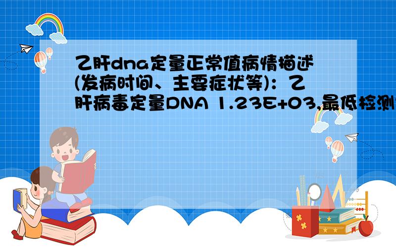 乙肝dna定量正常值病情描述(发病时间、主要症状等)：乙肝病毒定量DNA 1.23E+03,最低检测线为5.00E+02,我的正常吗上一次的检测结果是2.95E+02,这次与上一次有什么不同,另外肝功正常