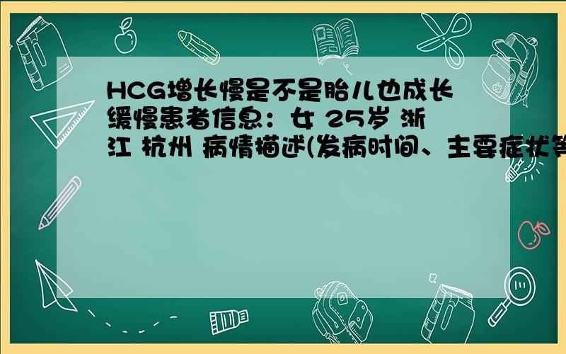 HCG增长慢是不是胎儿也成长缓慢患者信息：女 25岁 浙江 杭州 病情描述(发病时间、主要症状等)：怀孕50天,孕酮从22.42降到现在16.24HCG增长缓慢,一周前为5327,目前值只有7325请问高手数据是否正
