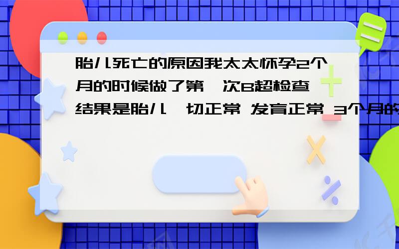 胎儿死亡的原因我太太怀孕2个月的时候做了第一次B超检查 结果是胎儿一切正常 发育正常 3个月的时候检查发现 胎儿还和2个月的时候一样大 没有发育 而且没有胎心（已死亡） 我想知道是