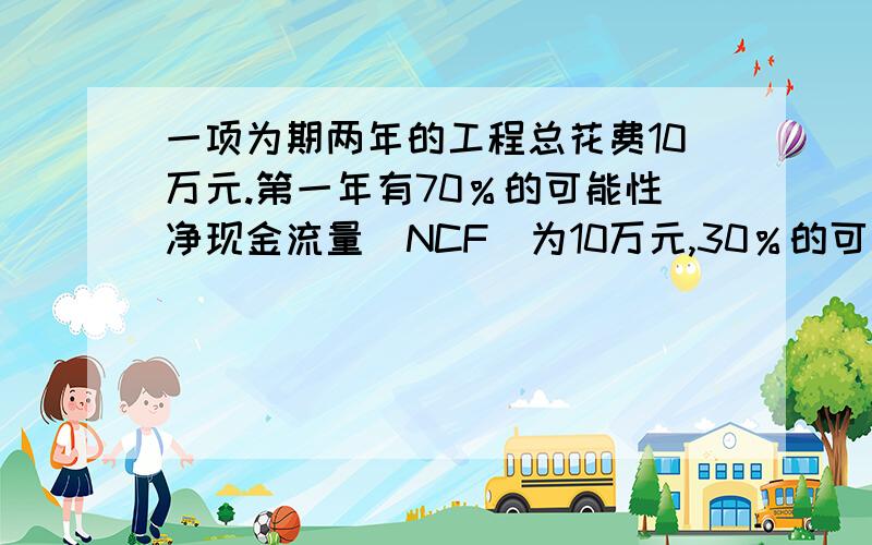 一项为期两年的工程总花费10万元.第一年有70％的可能性净现金流量（NCF）为10万元,30％的可能性NCF为4万元.如果第一年NCF为10万元,则第二年有60％的可能性继续保持10万元,剩下40％的可能性低