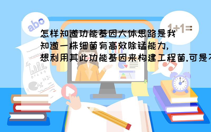 怎样知道功能基因大体思路是我知道一株细菌有高效除锰能力,想利用其此功能基因来构建工程菌.可是不知道此基因在质粒上还是染色体DNA上、不知道基因序列.应该怎么来安排呢?生化方面我