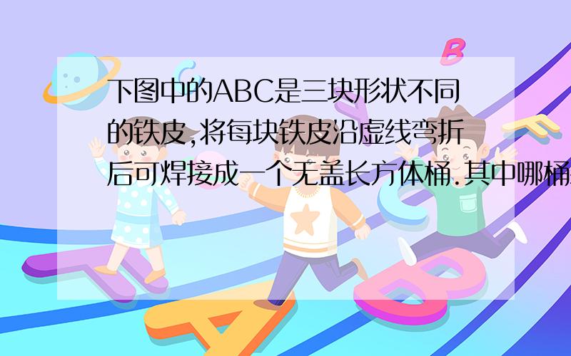 下图中的ABC是三块形状不同的铁皮,将每块铁皮沿虚线弯折后可焊接成一个无盖长方体桶.其中哪桶装水多?