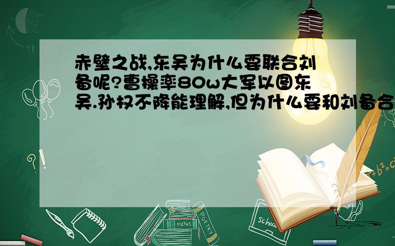 赤壁之战,东吴为什么要联合刘备呢?曹操率80w大军以图东吴.孙权不降能理解,但为什么要和刘备合作?周瑜认为有诸葛亮辅佐刘备,以后比为东吴大患.合作期间还想杀刘备,刘备死后作肯定完蛋,