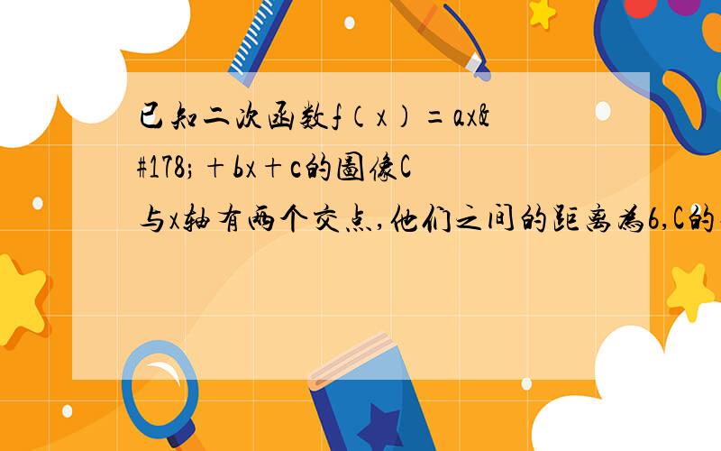 已知二次函数f（x）=ax²+bx+c的图像C与x轴有两个交点,他们之间的距离为6,C的对称轴方程为x=2且f（x）有最小值-9求a,b,c的值?如果f（x）不大于7,求对应x的取值范围?最好拍下来,