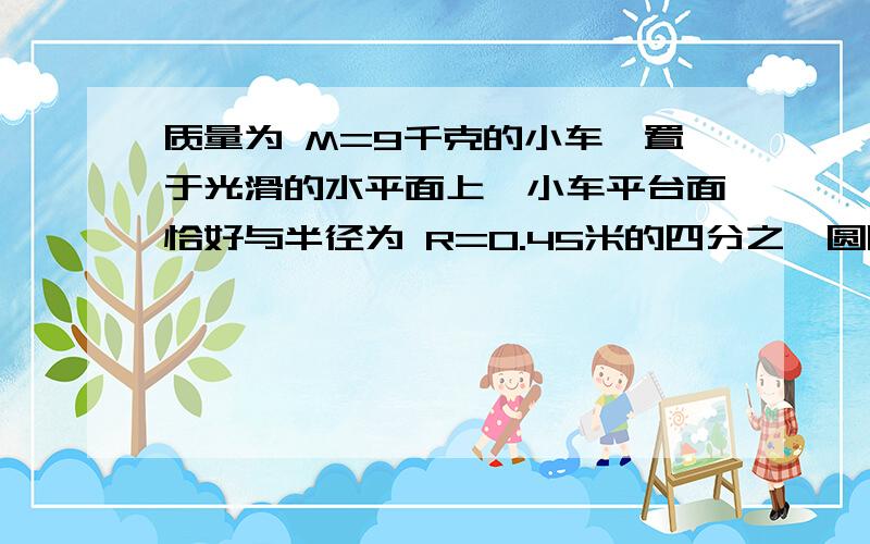 质量为 M=9千克的小车,置于光滑的水平面上,小车平台面恰好与半径为 R=0.45米的四分之一圆周的固定轨道的末端B点相切,质量为 m=1千克的滑块从轨道的上端A点无初速释放,滑块滑上小车,并从车