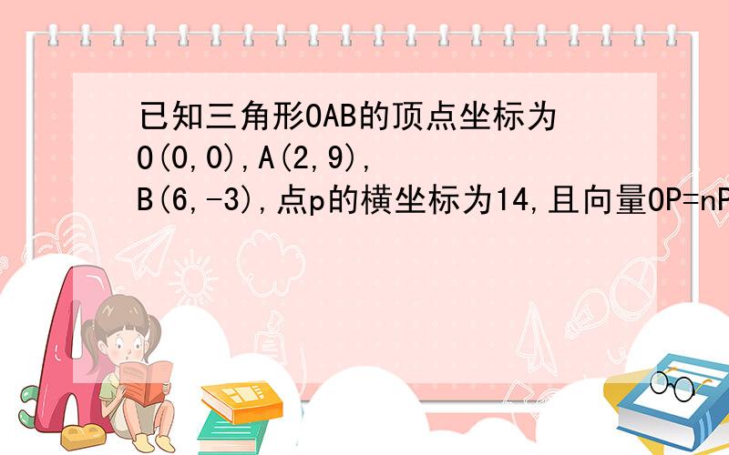 已知三角形OAB的顶点坐标为O(0,0),A(2,9),B(6,-3),点p的横坐标为14,且向量OP=nPB,点Q是变AB上一点,且向量OQ·向量AP=0（1）求实数n的值与点p的坐标（2）求点Q的坐标（3）若R为线段OQ上的一个动点,试求