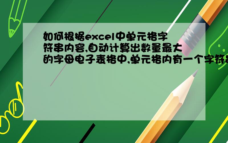 如何根据excel中单元格字符串内容,自动计算出数量最大的字母电子表格中,单元格内有一个字符串 ,由英文字母ABCD和阿拉伯数字组成,如：32A1B、16A22B3C.请设计一个公式,得到自动计算出该字符