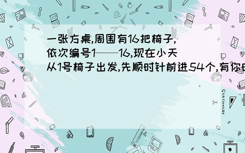 一张方桌,周围有16把椅子,依次编号1——16,现在小天从1号椅子出发,先顺时针前进54个,有你时针方向前进了545个,这是小天在几号椅子上?一定要写详细,不要只给我写一个1、2、3、4、5、6、7、8