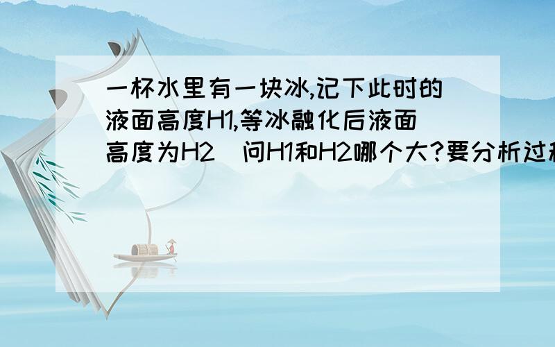 一杯水里有一块冰,记下此时的液面高度H1,等冰融化后液面高度为H2．问H1和H2哪个大?要分析过程,