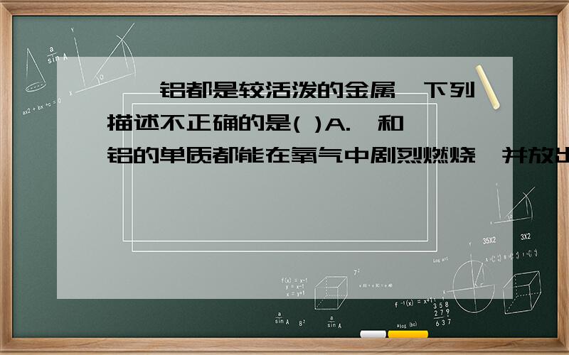 镁,铝都是较活泼的金属,下列描述不正确的是( )A.镁和铝的单质都能在氧气中剧烈燃烧,并放出耀眼的光芒B.铝能和稀盐酸,稀硫酸,强碱反应C.镁在加热的条件下可以跟二氧化碳反应,铝在一定条