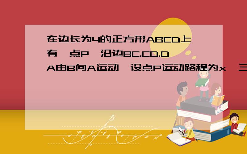 在边长为4的正方形ABCD上有一点P,沿边BC.CD.DA由B向A运动,设点P运动路程为x,三角形…APB的面积为y,请写出y与x之间的函数关系式,并画出函数图象,图象说下怎么画就行了.