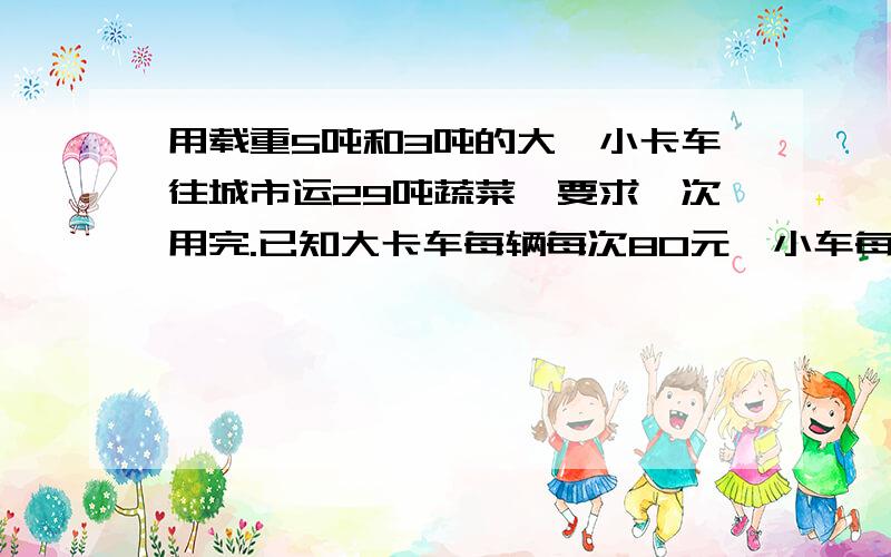 用载重5吨和3吨的大、小卡车往城市运29吨蔬菜,要求一次用完.已知大卡车每辆每次80元,小车每辆每次50元,怎样租车合算?