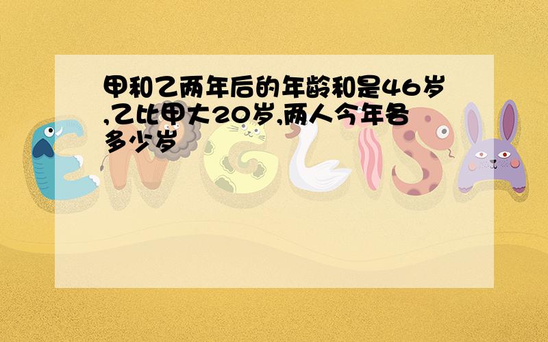 甲和乙两年后的年龄和是46岁,乙比甲大20岁,两人今年各多少岁