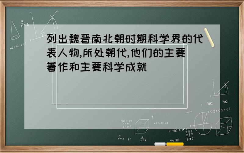 列出魏晋南北朝时期科学界的代表人物,所处朝代,他们的主要著作和主要科学成就