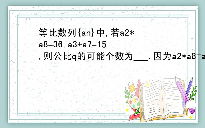 等比数列{an}中,若a2*a8=36,a3+a7=15,则公比q的可能个数为___.因为a2*a8=a3*a7=36 为什么 a3和a7是方程X^2-15X+36=0的 两根呢?