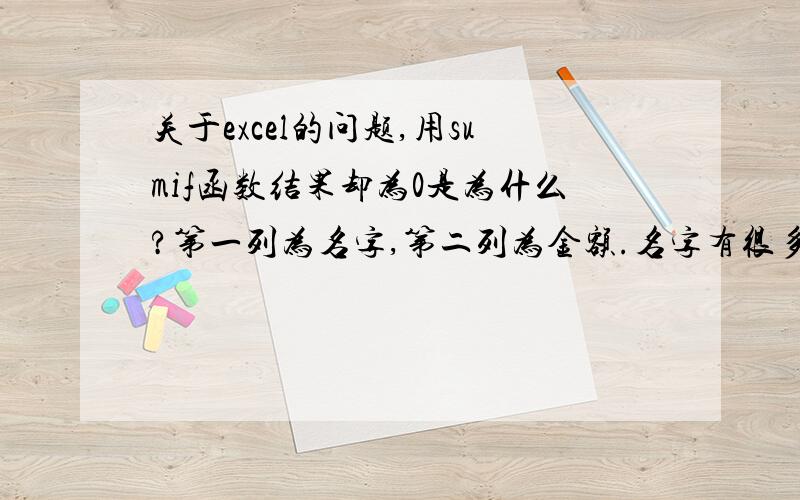 关于excel的问题,用sumif函数结果却为0是为什么?第一列为名字,第二列为金额.名字有很多重复 ,想用sumif算同一个名字的金额总和.=sumif(A2:A25,C2,B2:B25),结果却为0.