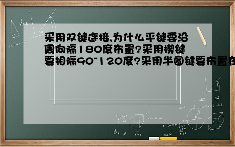 采用双键连接,为什么平键要沿周向隔180度布置?采用楔键要相隔90~120度?采用半圆键要布置在同一母线上?