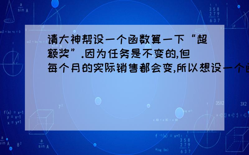 请大神帮设一个函数算一下“超额奖”.因为任务是不变的,但每个月的实际销售都会变,所以想设一个函数在C2中,以便可以自动算出超额奖,已上传EXCEL.