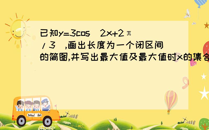 已知y=3cos(2x+2π/3),画出长度为一个闭区间的简图,并写出最大值及最大值时x的集合,还有他的单调区间.若y≥3/2,写出x的集合.