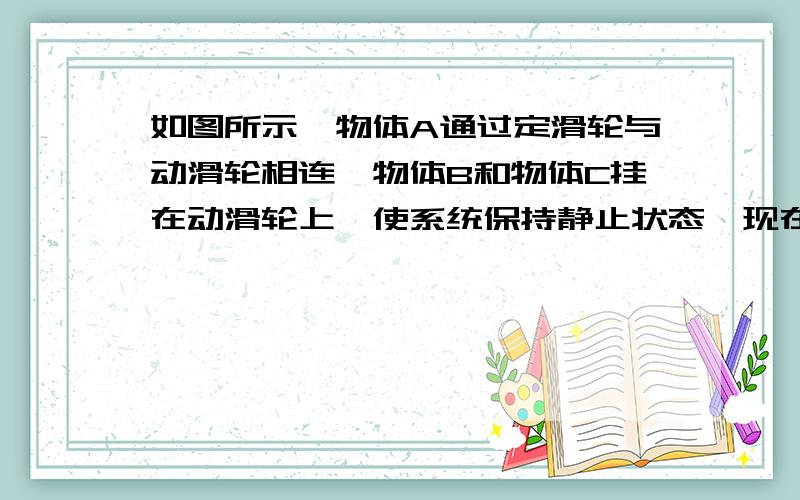 如图所示,物体A通过定滑轮与动滑轮相连,物体B和物体C挂在动滑轮上,使系统保持静止状态,现在同时释放三个物体,发现物体A保持静止不动.已知A的质量为6Kg,B的质量为6Kg,求物体C的质量?(g=10m/s2