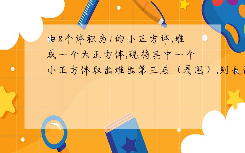 由8个体积为1的小正方体,堆成一个大正方体,现将其中一个小正方体取出堆出第三层（看图）,则表面积增加了