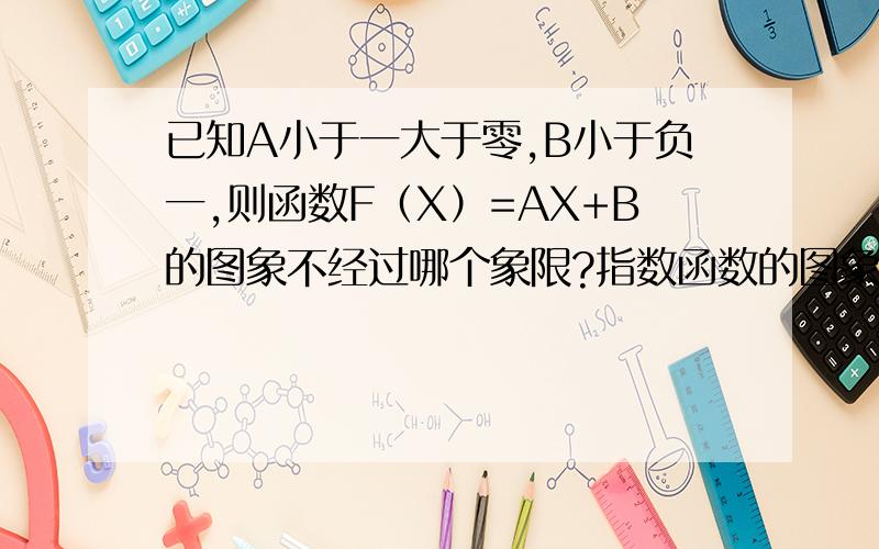 已知A小于一大于零,B小于负一,则函数F（X）=AX+B的图象不经过哪个象限?指数函数的图象与性质