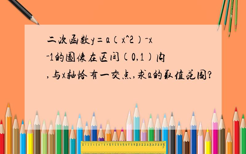 二次函数y=a（x^2）-x-1的图像在区间(0,1)内,与x轴恰有一交点,求a的取值范围?