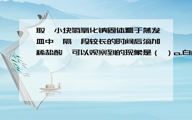 取一小块氢氧化钠固体置于蒸发皿中,隔一段较长的时间后滴加稀盐酸,可以观察到的现象是（ ）a.白色沉淀 b.气泡放出 c.白色沉淀,同时有气泡放出d.无现象