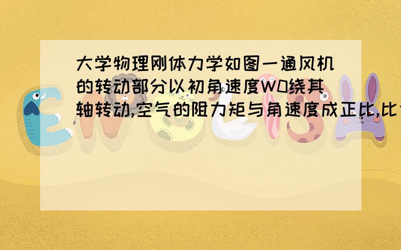 大学物理刚体力学如图一通风机的转动部分以初角速度W0绕其轴转动,空气的阻力矩与角速度成正比,比例系数K为1常数其转动部分的转动惯量为J 求1经过多少时间后其转动角速度减少为初角速