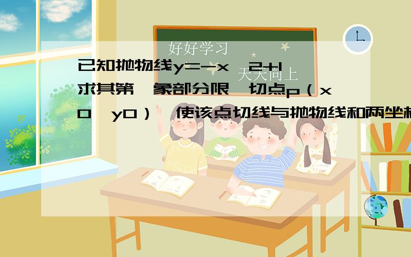 已知抛物线y=-x^2+1,求其第一象部分限一切点p（x0,y0）,使该点切线与抛物线和两坐标轴围成的面积最小?对抛物线求导y'=-2*x即切线斜率为-2*x0切点为(x0,-(x0)^2+1)所以切线方程为y+(x0)^2-1=-2*(x0)*(x-x0