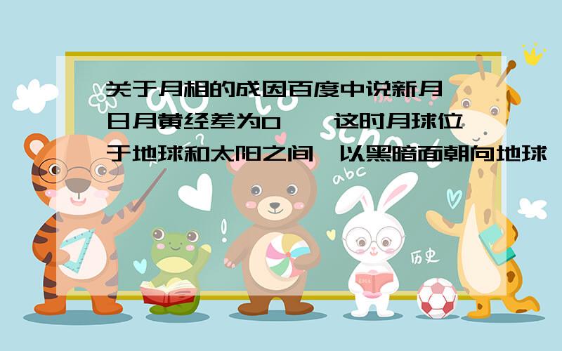 关于月相的成因百度中说新月,日月黄经差为0°,这时月球位于地球和太阳之间,以黑暗面朝向地球,且与太阳几乎同时出没,故地面上无法见到,这就是新月,也叫做“朔”,这一天为农历的初一.我