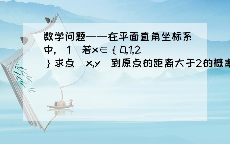 数学问题——在平面直角坐标系中,（1）若x∈｛0,1,2｝求点（x,y）到原点的距离大于2的概率.（2）若x∈[0,2],y∈[0,2],求点（x,y）到原点的距离大于2的概率.