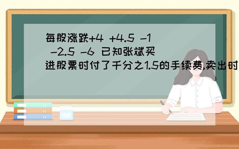 每股涨跌+4 +4.5 -1 -2.5 -6 已知张斌买进股票时付了千分之1.5的手续费,卖出时还需交额千分之1.5的手续费和千分之1的交易税.如果张斌在星期六收盘前将全部股票卖出,他的收益情况如何