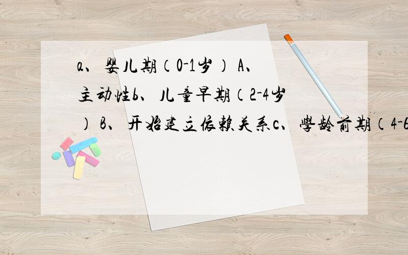 a、婴儿期（0-1岁） A、主动性b、儿童早期（2-4岁） B、开始建立依赖关系c、学龄前期（4-6岁） C、开始独立做事d、学龄期（7-12岁） D、健康的自我意识e、青春期（12-18岁） E、勤奋感和用心P