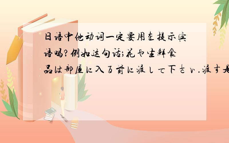 日语中他动词一定要用を提示宾语吗?例如这句话；花や生鲜食品は部屋に入る前に渡して下さい.渡す是他动词,那花や生鲜食品は可以用花や生鲜食品を代替吗?他动词一定要带宾语才可以使