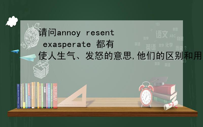 请问annoy resent exasperate 都有使人生气、发怒的意思,他们的区别和用法是什么呢?