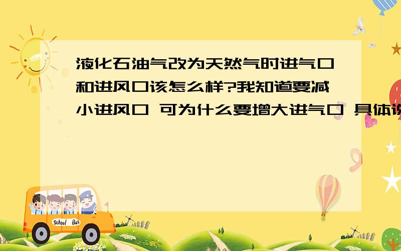 液化石油气改为天然气时进气口和进风口该怎么样?我知道要减小进风口 可为什么要增大进气口 具体说明一下