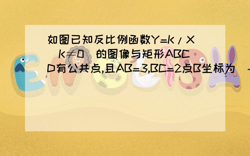 如图已知反比例函数Y=K/X(K≠0)的图像与矩形ABCD有公共点,且AB=3,BC=2点B坐标为（-1,1）求K取值范围