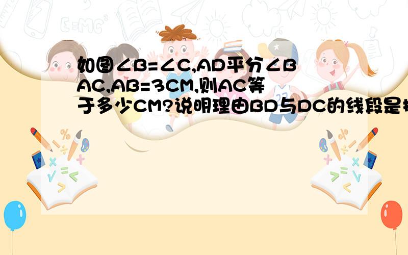 如图∠B=∠C,AD平分∠BAC,AB=3CM,则AC等于多少CM?说明理由BD与DC的线段是提上一点点的噢！