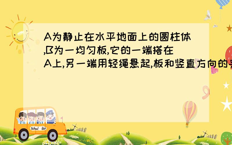 A为静止在水平地面上的圆柱体,B为一均匀板,它的一端搭在A上,另一端用轻绳悬起,板和竖直方向的夹角θ< 900,则：A．板B对A没有摩擦力 B．板B对A有摩擦力C．地面对A没有摩擦力 D．地面对A有摩