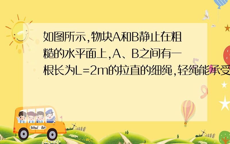 如图所示,物块A和B静止在粗糙的水平面上,A、B之间有一根长为L=2m的拉直的细绳,轻绳能承受的最大拉力为30NA的质量m1B的质量m2均等于5KgA、B与水平面间的动摩擦因数为0.2A收到向左的恒力F=10N,B