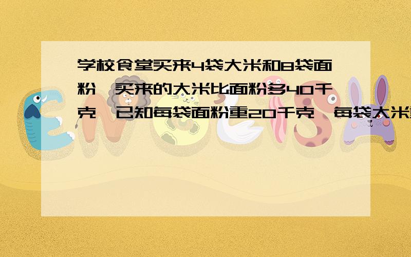 学校食堂买来4袋大米和8袋面粉,买来的大米比面粉多40千克,已知每袋面粉重20千克,每袋大米重多千克?