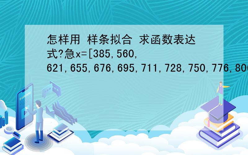 怎样用 样条拟合 求函数表达式?急x=[385,560,621,655,676,695,711,728,750,776,806,837,858,880,900,923,943,982,1040,1120,1352];y=[0.3,0.7,1,1.2,1.35,1.5,1.65,1.8,2,2.15,2.22,2.10,1.95,1.8,1.65,1.5,1.35,1.2,1,0.8,0.5];by the way 用多项式