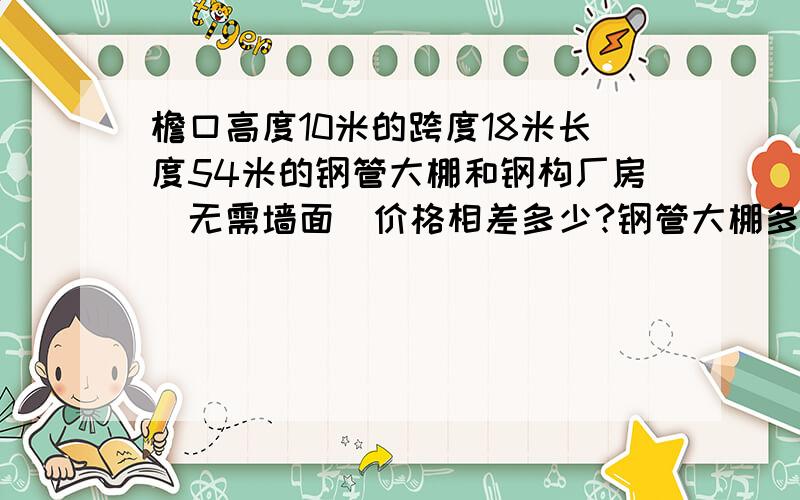 檐口高度10米的跨度18米长度54米的钢管大棚和钢构厂房（无需墙面）价格相差多少?钢管大棚多少钱一平米?能报个总造价最好.不做钢构厂房,做大钢管的大棚,顶上就用单层彩钢瓦,四面不封闭,