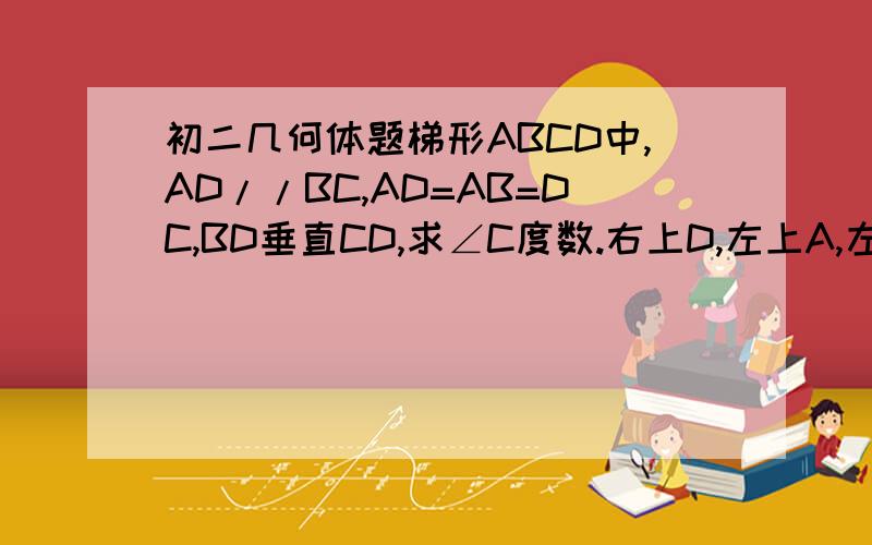 初二几何体题梯形ABCD中,AD//BC,AD=AB=DC,BD垂直CD,求∠C度数.右上D,左上A,左下B,右下C